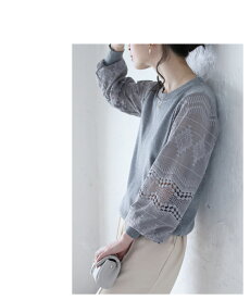 ▼▼(グレー)「frenchpave」トライバル刺繍とレースのシアーポワン袖トップス2月24日22時販売新作