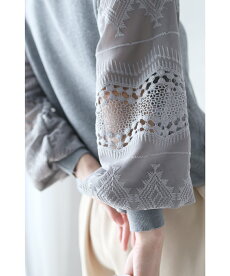 ▼▼(グレー)「frenchpave」トライバル刺繍とレースのシアーポワン袖トップス2月24日22時販売新作