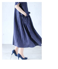 ▼▼「frenchpave」ふんわりギャザーポケットのストライプワンピース3月15日22時販売新作