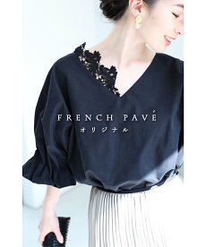 ▼▼S〜M/L〜2L(ブラック)FRENCHPAVEオリジナルふわり袖の片側レースドルマントップス/S/M/L/2L4月16日22時販売新作