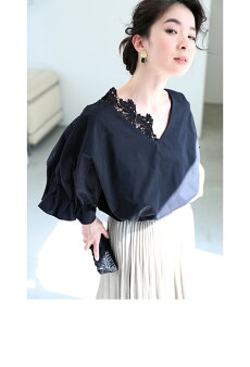 ▼▼S〜M/L〜2L(ブラック)FRENCHPAVEオリジナルふわり袖の片側レースドルマントップス/S/M/L/2L4月16日22時販売新作