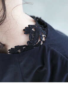 ▼▼S〜M/L〜2L(ブラック)FRENCHPAVEオリジナルふわり袖の片側レースドルマントップス/S/M/L/2L4月16日22時販売新作