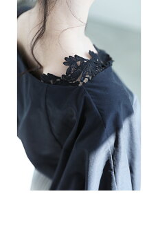 ▼▼S〜M/L〜2L(ブラック)FRENCHPAVEオリジナルふわり袖の片側レースドルマントップス/S/M/L/2L4月16日22時販売新作