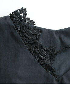 ▼▼S〜M/L〜2L(ブラック)FRENCHPAVEオリジナルふわり袖の片側レースドルマントップス/S/M/L/2L4月16日22時販売新作