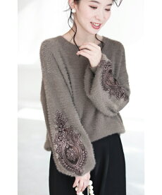▼(M~3L対応)(モカ)「FRENCHPAVEオリジナル」花レースのふわり袖。モヘアニットトップス□□□9月27日22時販売新作