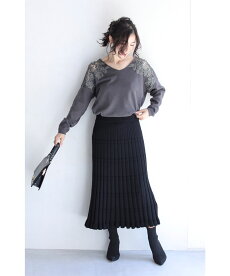 ▼(M~3L対応)(グレー)「frenchpave」極上のとろみ。花咲く肩レースVネックニットトップス9月25日22時販売新作