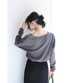 ▼(M~3L対応)(グレー)「frenchpave」極上のとろみ。花咲く肩レースVネックニットトップス9月25日22時販売新作