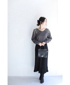 ▼(M~3L対応)(グレー)「frenchpave」極上のとろみ。花咲く肩レースVネックニットトップス9月25日22時販売新作