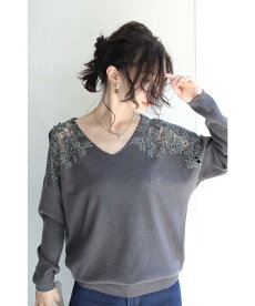 ▼(M~3L対応)(グレー)「frenchpave」極上のとろみ。花咲く肩レースVネックニットトップス9月25日22時販売新作