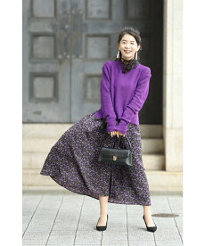 ▼▼(パープル)「FRENCHPAVE」フリルネックのミニローズ柄ロングワンピース12月3日22時販売新作