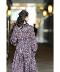 ▼▼(パープル)「FRENCHPAVE」フリルネックのミニローズ柄ロングワンピース12月3日22時販売新作