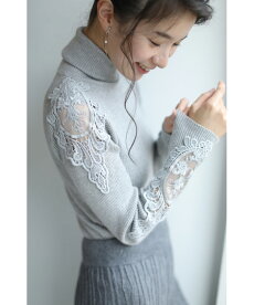 (予約受注会)(薄いグレー)【再入荷♪10月5日12時&22時より】(予約販売:11月10日〜11月30日前後の出荷予定)(グレー)「french」■■肩と袖の透けレース。タートルネックカットソートップス