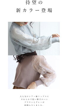S〜L/2L〜3L対応(ブラウン)「FRENCHPAVE」腕に咲く満開の花。シアーショルダートップスぽわん袖cawaii12月4日22時販売新作S/M/L/2L/3L