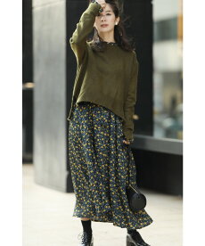 ▼▼(イエロー)「FRENCHPAVE」フリルネックのミニローズ柄ロングワンピース12月3日22時販売新作