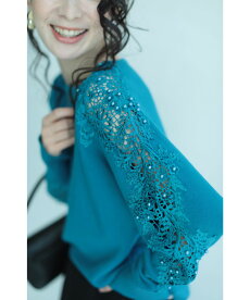 ▼▼(S~L対応)(ブルー)「FRENCHPAVE」顔周り華やか。パール付き袖レースニットトップス1月10日22時販売新作