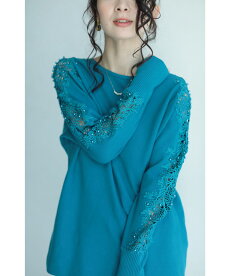 ▼▼(S~L対応)(ブルー)「FRENCHPAVE」顔周り華やか。パール付き袖レースニットトップス1月10日22時販売新作