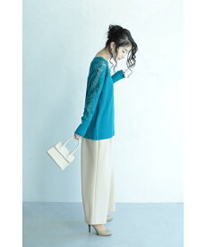 ▼▼(S~L対応)(ブルー)「FRENCHPAVE」顔周り華やか。パール付き袖レースニットトップス1月10日22時販売新作