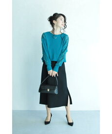 ▼▼(S~L対応)(ブルー)「FRENCHPAVE」顔周り華やか。パール付き袖レースニットトップス1月10日22時販売新作