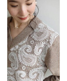 ▼▼(S~L/2L~3L対応)(ベージュ)「FRENCHPAVEオリジナル」ペイズリーレースの華やかニットトップス1月20日22時販売新作