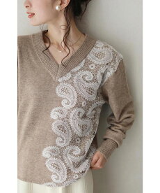 ▼▼(S~L/2L~3L対応)(ベージュ)「FRENCHPAVEオリジナル」ペイズリーレースの華やかニットトップス1月20日22時販売新作