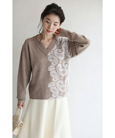 ▼▼(S~L/2L~3L対応)(ベージュ)「FRENCHPAVEオリジナル」ペイズリーレースの華やかニットトップス1月21日22時販売新作