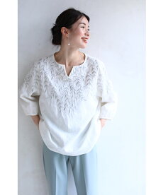 ▼▼(S~L対応)(ホワイト)「FRENCHPAVE」爽やかなリーフ刺繍のコットンリネンブラウストップス3月20日22時販売新作