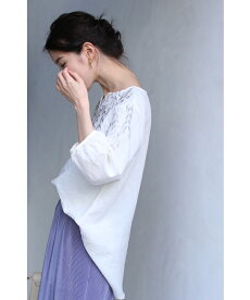 ▼▼(S~L対応)(ホワイト)「FRENCHPAVE」爽やかなリーフ刺繍のコットンリネンブラウストップス3月20日22時販売新作