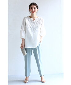 ▼▼(S~L対応)(ホワイト)「FRENCHPAVE」爽やかなリーフ刺繍のコットンリネンブラウストップス3月20日22時販売新作