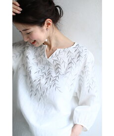 ▼▼(S~L対応)(ホワイト)「FRENCHPAVE」爽やかなリーフ刺繍のコットンリネンブラウストップス3月20日22時販売新作