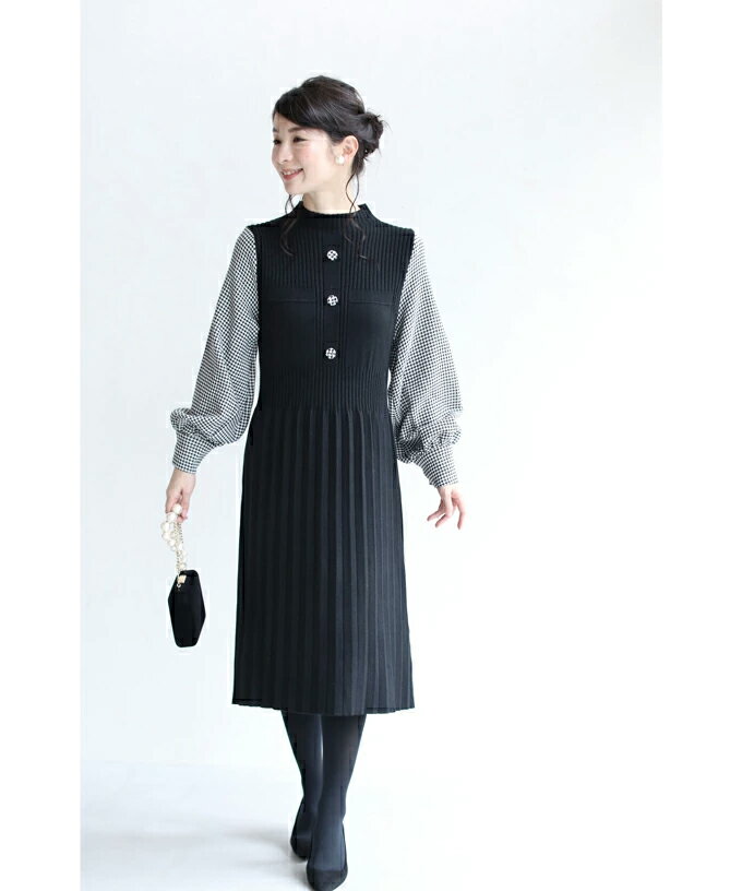 【再入荷♪11/15 20時】（S~L対応）（ブラック）（ベルト付）千鳥格子袖着痩せプリーツワンピース□□ - Image 2