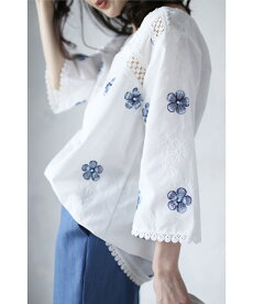 ▼▼「frenchpave」可愛いホワイトブルーの花刺繍咲くブラウストップス3月18日22時販売新作