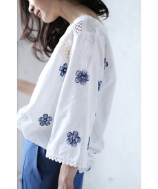▼▼「frenchpave」可愛いホワイトブルーの花刺繍咲くブラウストップス3月18日22時販売新作
