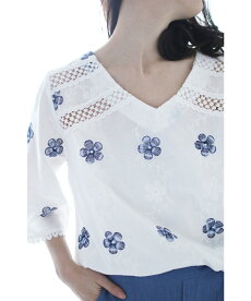 ▼▼「frenchpave」可愛いホワイトブルーの花刺繍咲くブラウストップス3月18日22時販売新作
