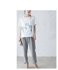 ▼▼「frenchpave」アンニュイな花刺繍。ソフトタックTシャツトップス4月13日22時販売新作