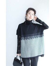 ▼▼(M~3L対応)「frenchpave」レースを添えたバイカラーのスクエアシルエットニットトップス9月15日22時販売新作
