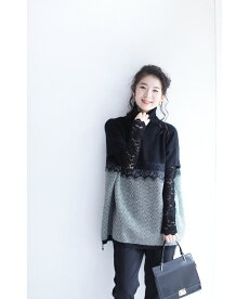 ▼▼(M~3L対応)「frenchpave」レースを添えたバイカラーのスクエアシルエットニットトップス9月15日22時販売新作