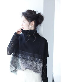 ▼▼(M~3L対応)「frenchpave」レースを添えたバイカラーのスクエアシルエットニットトップス9月15日22時販売新作