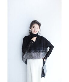 ▼▼(M~3L対応)「frenchpave」レースを添えたバイカラーのスクエアシルエットニットトップス9月15日22時販売新作