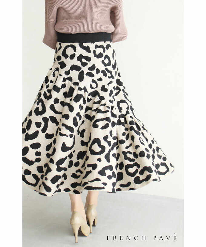 （S~L対応）斜めギャザーのレオパードニットミディアムスカートのサムネイル