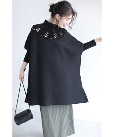 ▼▼(M~3L対応)(ブラック)「FRENCHPAVE」(黒)デコルテに咲く花編みドルマンニットチュニック12月2日22時販売新作