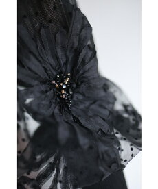 ▼▼(S~M対応)(ブラック)「FRENCHPAVE」(黒)ビジュー輝く花のポワン袖リブニットトップス1月22日22時販売新作