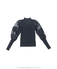 ▼▼(S~M対応)(ブラック)「FRENCHPAVE」(黒)ビジュー輝く花のポワン袖リブニットトップス1月22日22時販売新作