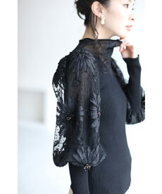 ▼▼(S~M対応)(ブラック)「FRENCHPAVE」(黒)ビジュー輝く花のポワン袖リブニットトップス1月22日22時販売新作
