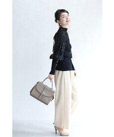 ▼▼(S~M対応)(ブラック)「FRENCHPAVE」(黒)ビジュー輝く花のポワン袖リブニットトップス1月22日22時販売新作