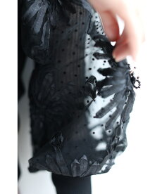 ▼▼(S~M対応)(ブラック)「FRENCHPAVE」(黒)ビジュー輝く花のポワン袖リブニットトップス1月22日22時販売新作