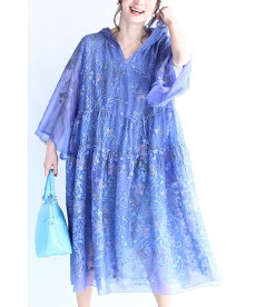 (S~L対応)「FRENCHPAVE」透明感ある青。フード付き刺繍ミディアムワンピース5月22日22時販売新作