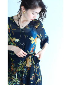 ▼▼(M対応)「FRENCHPAVE」(紺)ひらひら舞う裾のボタニカルシアーロングワンピース7月1日20時販売新作