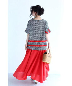 ▼▼(S~L対応)「FRENCHPAVE」赤いラインが目を惹くモノクロアートなブラウストップス7月4日20時販売新作