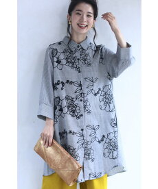 (S〜M対応)「FRENCHPAVE」花刺繍アートを描いたストライプロングシャツトップス(メール便不可)