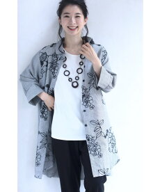 (S〜M対応)「FRENCHPAVE」花刺繍アートを描いたストライプロングシャツトップス(メール便不可)